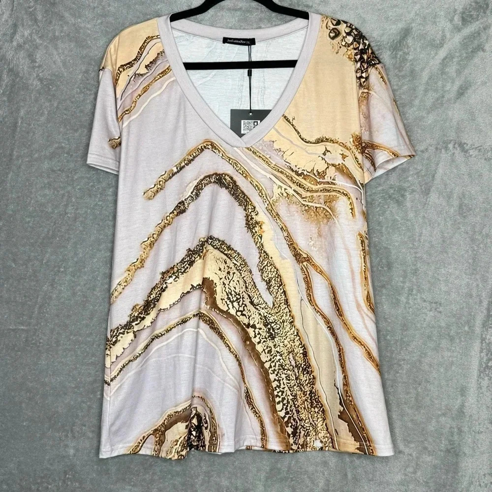 Just Fashion Now XL Shirt Top Brown Abstract Short‎ Sleeve V Neck Knit Stretch